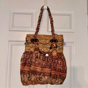 Sun n Sand Boho Woven Straw and Printed Fabric Tote Bag coin chain NWT